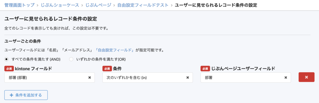 ユーザーに見せられるレコード条件の設定（自由設定フィールド）
